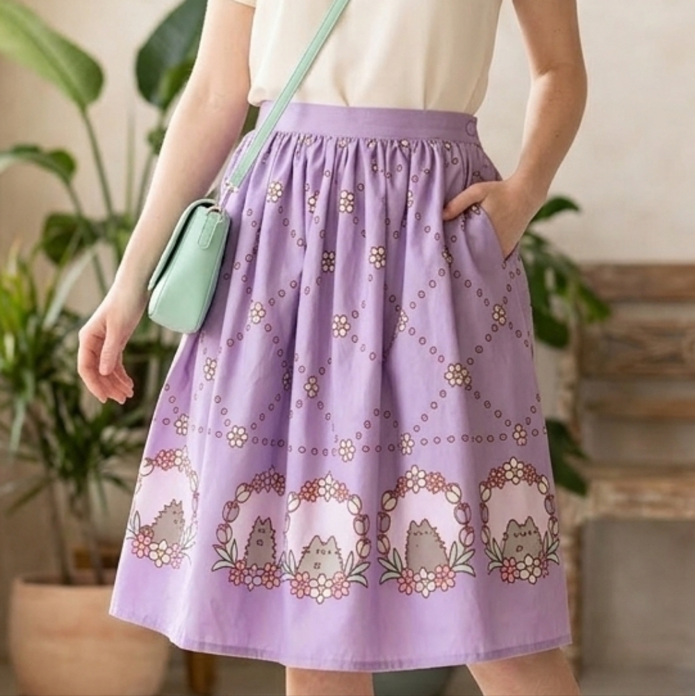 Pusheen x Unique Vintage Lavender Floral Gellar Swing Skirt with Pockets - Large